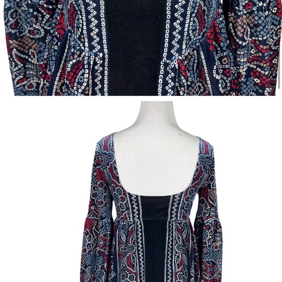 Free People Oh So Easy Babydoll Dress Blue Velvet XS Puff Sleeve Renaissance - Picture 4 of 7